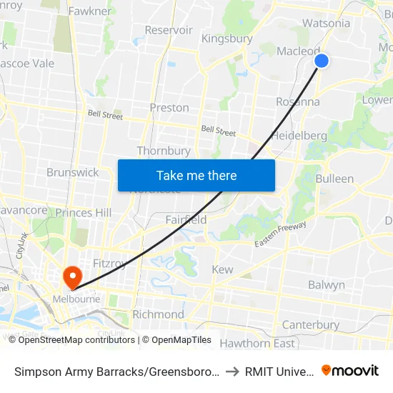 Simpson Army Barracks/Greensborough Hwy to RMIT University map