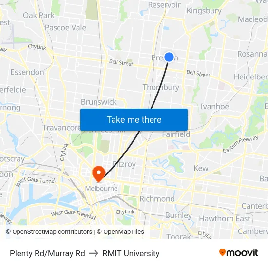Plenty Rd/Murray Rd to RMIT University map