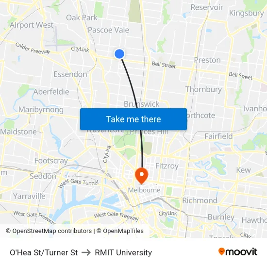 O'Hea St/Turner St to RMIT University map