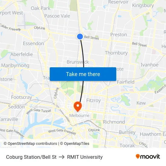 Coburg Station/Bell St to RMIT University map