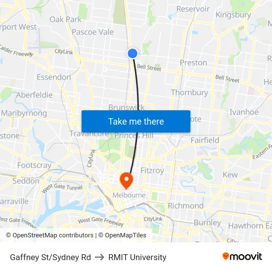Gaffney St/Sydney Rd to RMIT University map