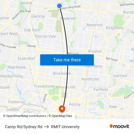 Camp Rd/Sydney Rd to RMIT University map