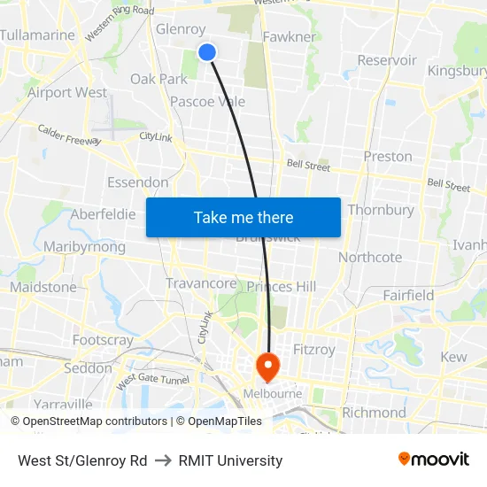 West St/Glenroy Rd to RMIT University map