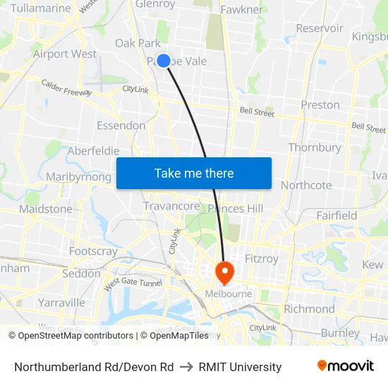 Northumberland Rd/Devon Rd to RMIT University map