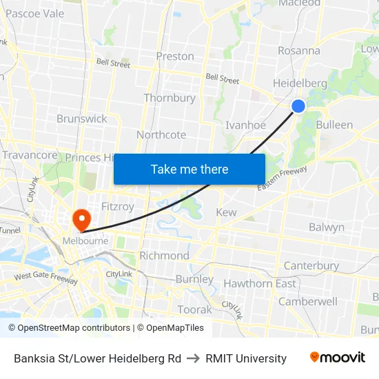 Banksia St/Lower Heidelberg Rd to RMIT University map