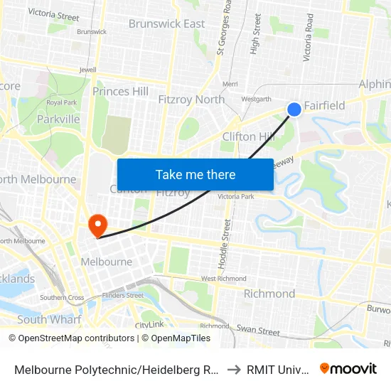 Melbourne Polytechnic/Heidelberg Rd to RMIT University map