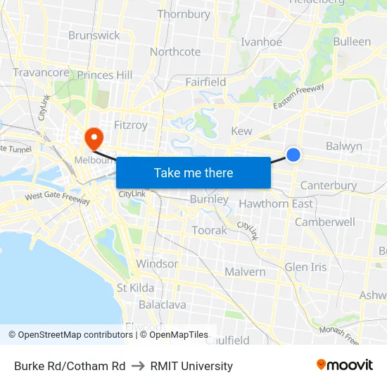 Burke Rd/Cotham Rd to RMIT University map