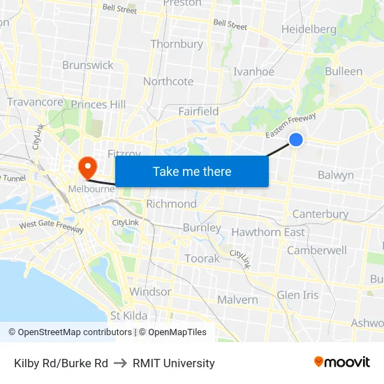 Kilby Rd/Burke Rd to RMIT University map