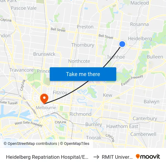 Heidelberg Repatriation Hospital/Edwin St to RMIT University map