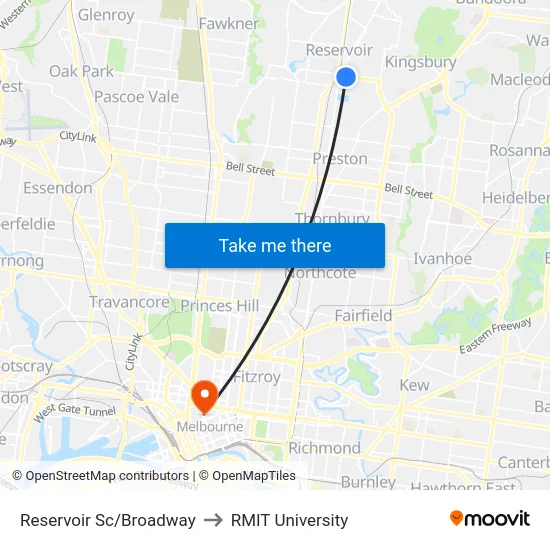 Reservoir Sc/Broadway to RMIT University map