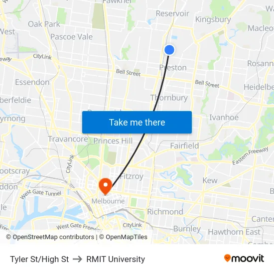 Tyler St/High St to RMIT University map