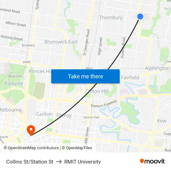 Collins St/Station St to RMIT University map