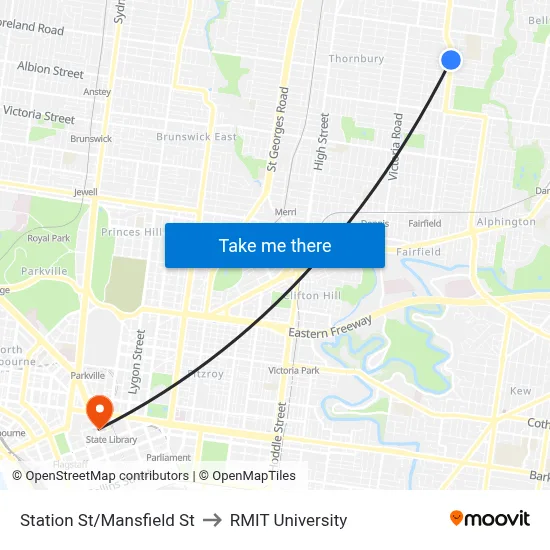 Station St/Mansfield St to RMIT University map
