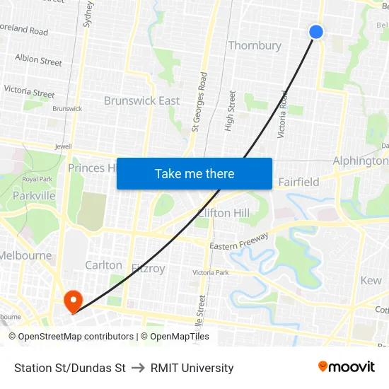 Station St/Dundas St to RMIT University map