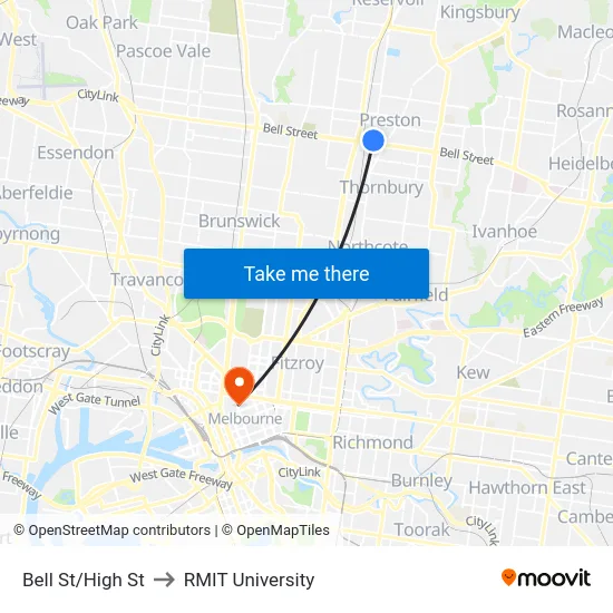 Bell St/High St to RMIT University map