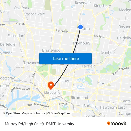 Murray Rd/High St to RMIT University map