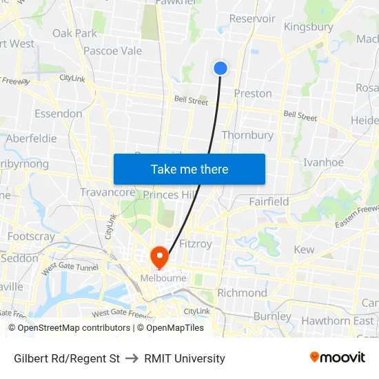 Gilbert Rd/Regent St to RMIT University map