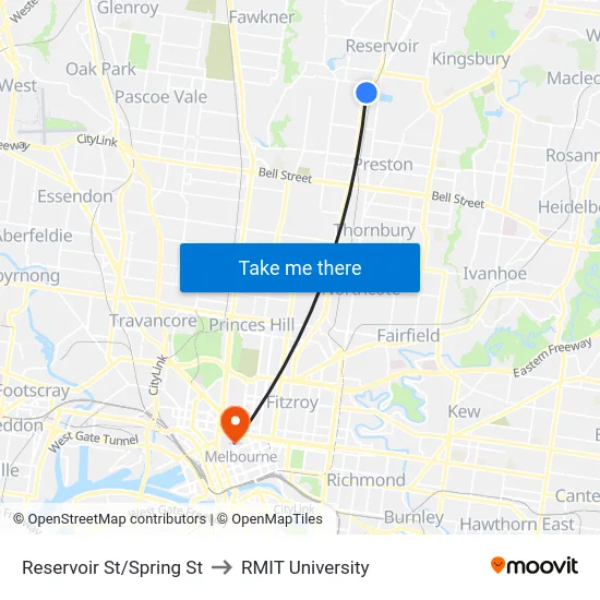 Reservoir St/Spring St to RMIT University map