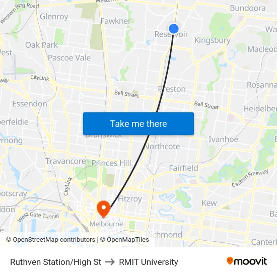 Ruthven Station/High St to RMIT University map