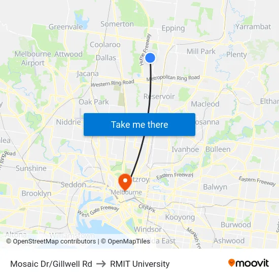 Mosaic Dr/Gillwell Rd to RMIT University map