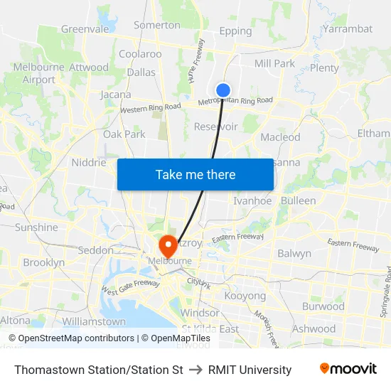 Thomastown Station/Station St to RMIT University map