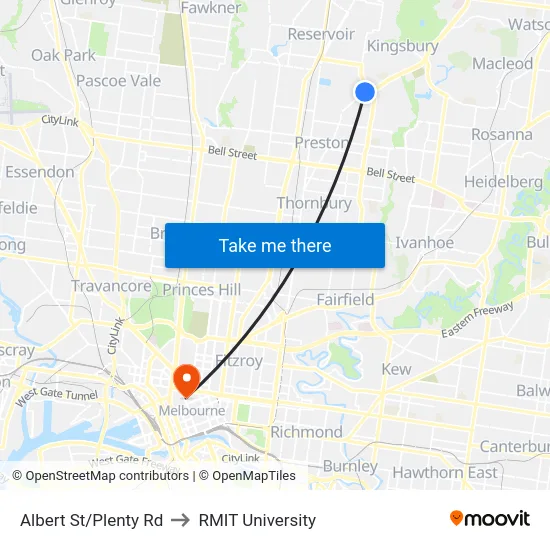 Albert St/Plenty Rd to RMIT University map