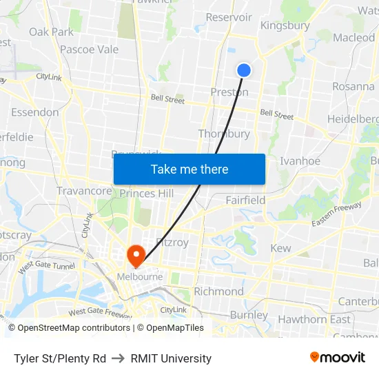 Tyler St/Plenty Rd to RMIT University map