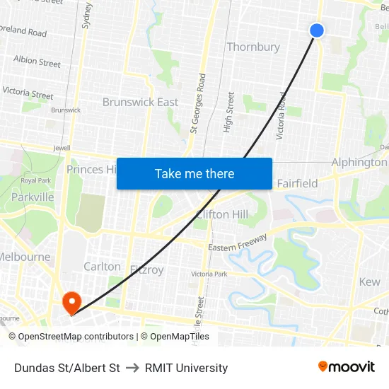 Dundas St/Albert St to RMIT University map
