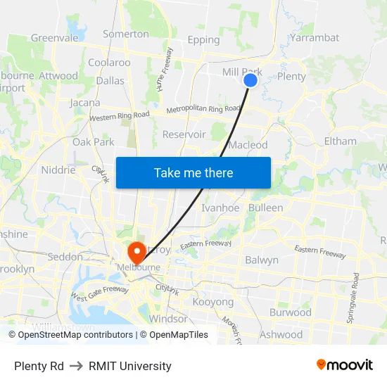 Plenty Rd to RMIT University map
