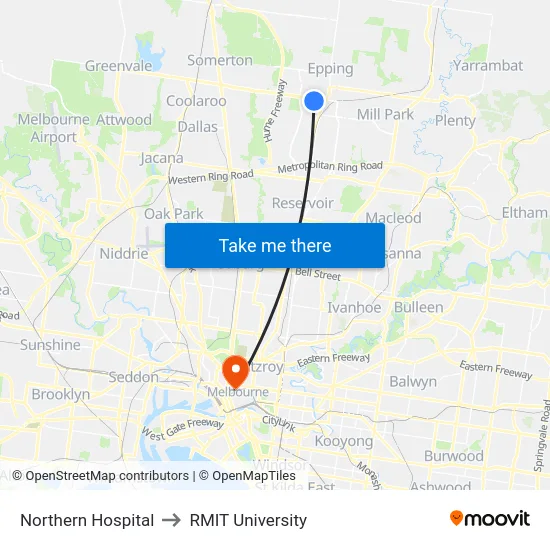 Northern Hospital to RMIT University map