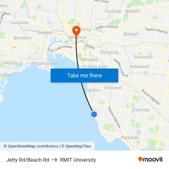 Jetty Rd/Beach Rd to RMIT University map