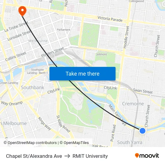 Chapel St/Alexandra Ave to RMIT University map