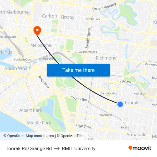 Toorak Rd/Grange Rd to RMIT University map