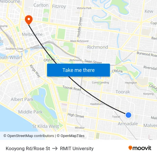 Kooyong Rd/Rose St to RMIT University map