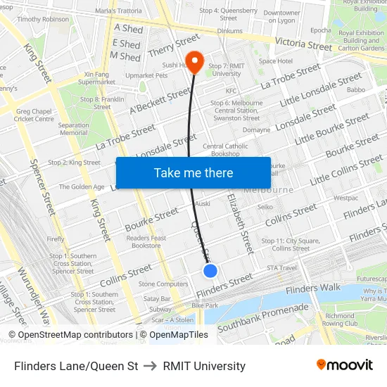 Flinders Lane/Queen St to RMIT University map