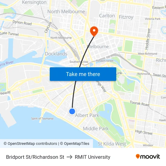 Bridport St/Richardson St to RMIT University map