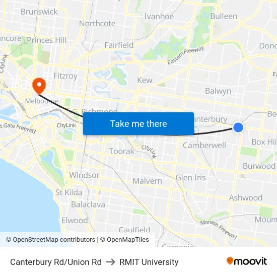Canterbury Rd/Union Rd to RMIT University map
