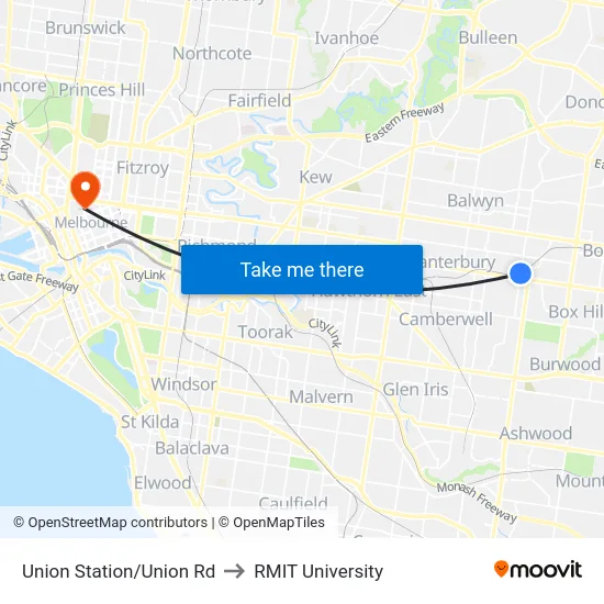 Union Station/Union Rd to RMIT University map