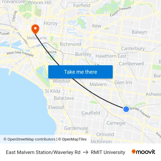 East Malvern Station/Waverley Rd to RMIT University map