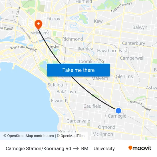 Carnegie Station/Koornang Rd to RMIT University map