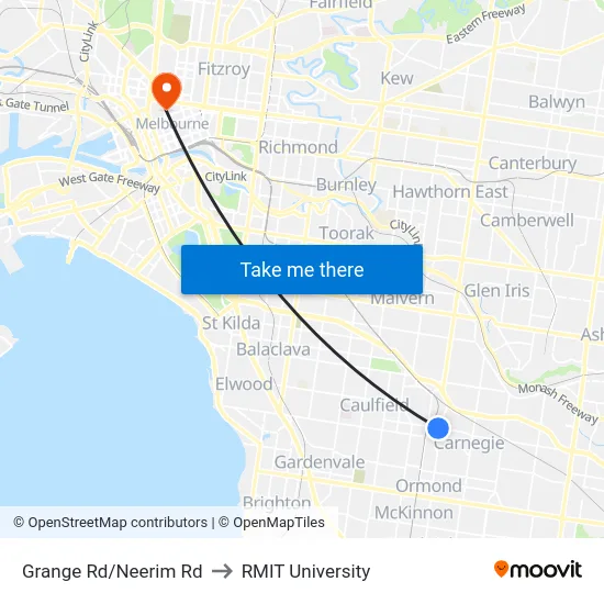 Grange Rd/Neerim Rd to RMIT University map