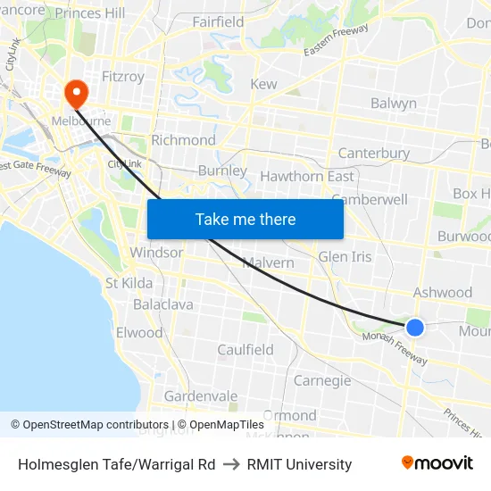 Holmesglen Tafe/Warrigal Rd to RMIT University map
