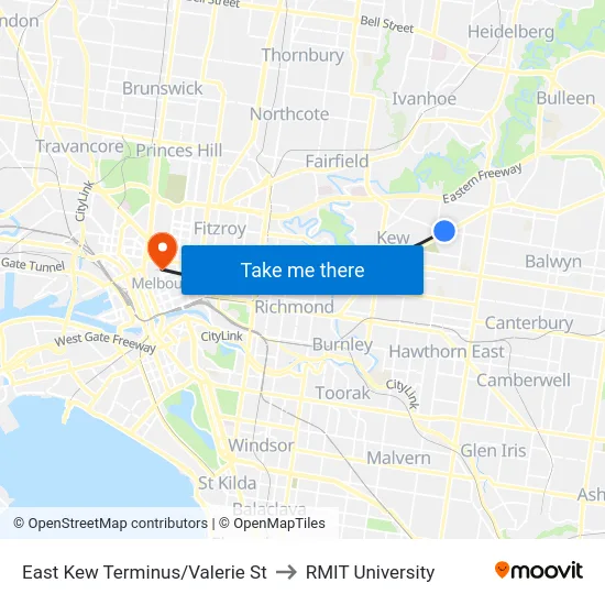 East Kew Terminus/Valerie St to RMIT University map
