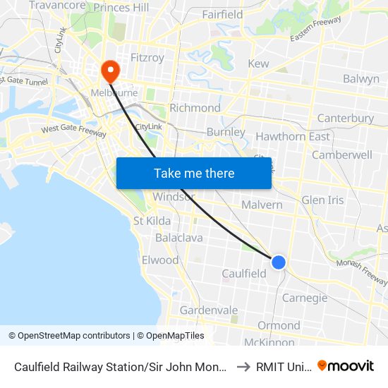 Caulfield Railway Station/Sir John Monash Dr (Caulfield East) to RMIT University map