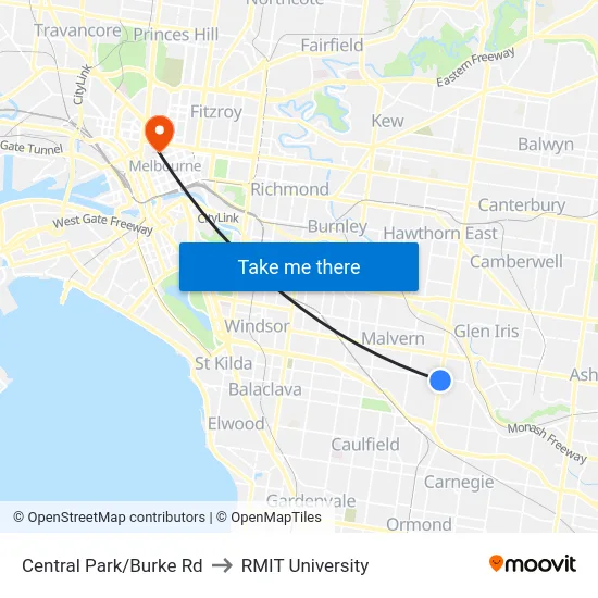 Central Park/Burke Rd to RMIT University map