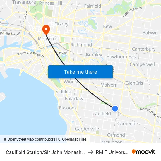 Caulfield Station/Sir John Monash Dr to RMIT University map