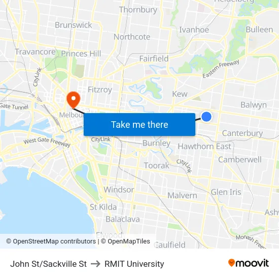 John St/Sackville St to RMIT University map