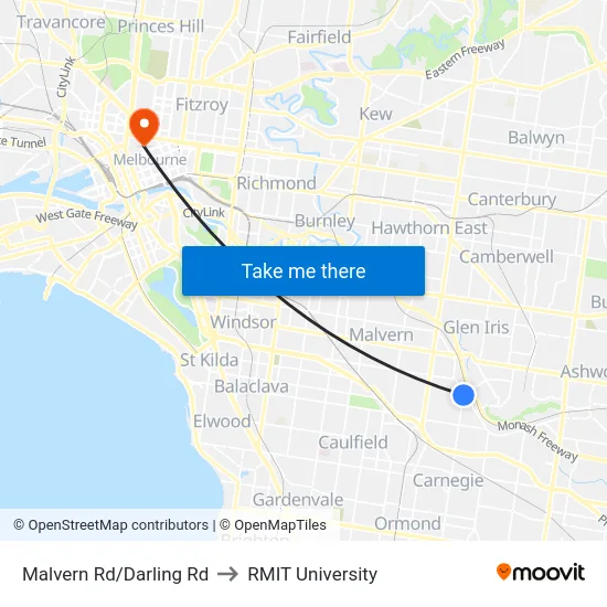 Malvern Rd/Darling Rd to RMIT University map
