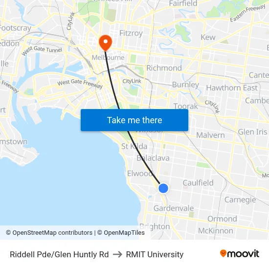 Riddell Pde/Glen Huntly Rd to RMIT University map