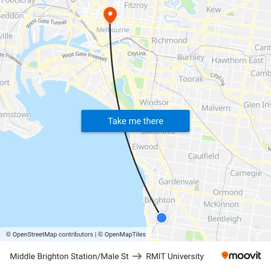 Middle Brighton Station/Male St to RMIT University map